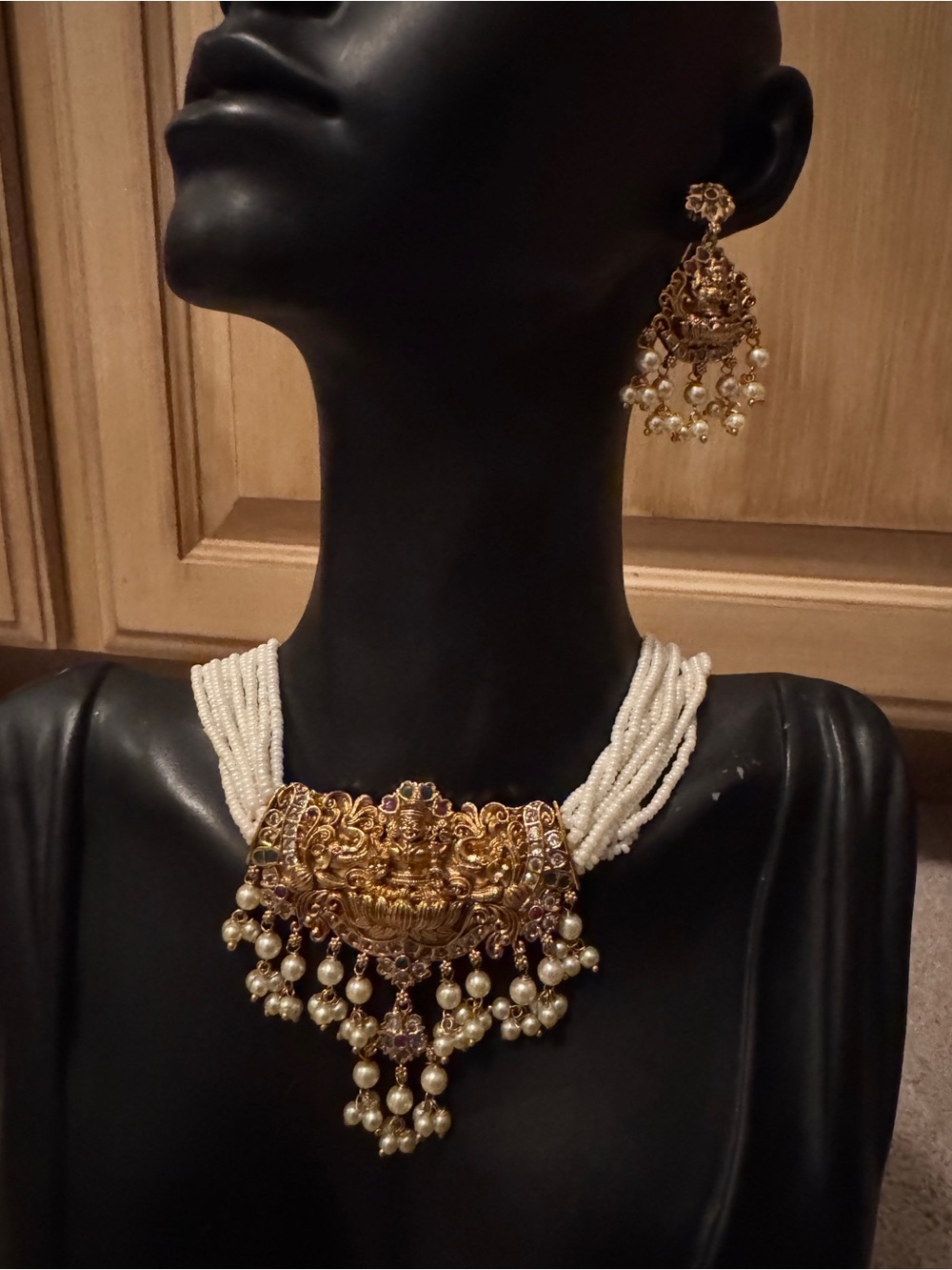 Gold-Tone Temple Necklace with White Pearl Strands and Matching Earrings